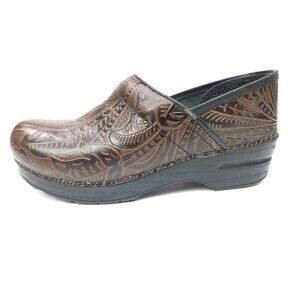 Dansko Womens Professional Clogs Sz 38 7.5-8 Brown Leather Floral Tooled Etched